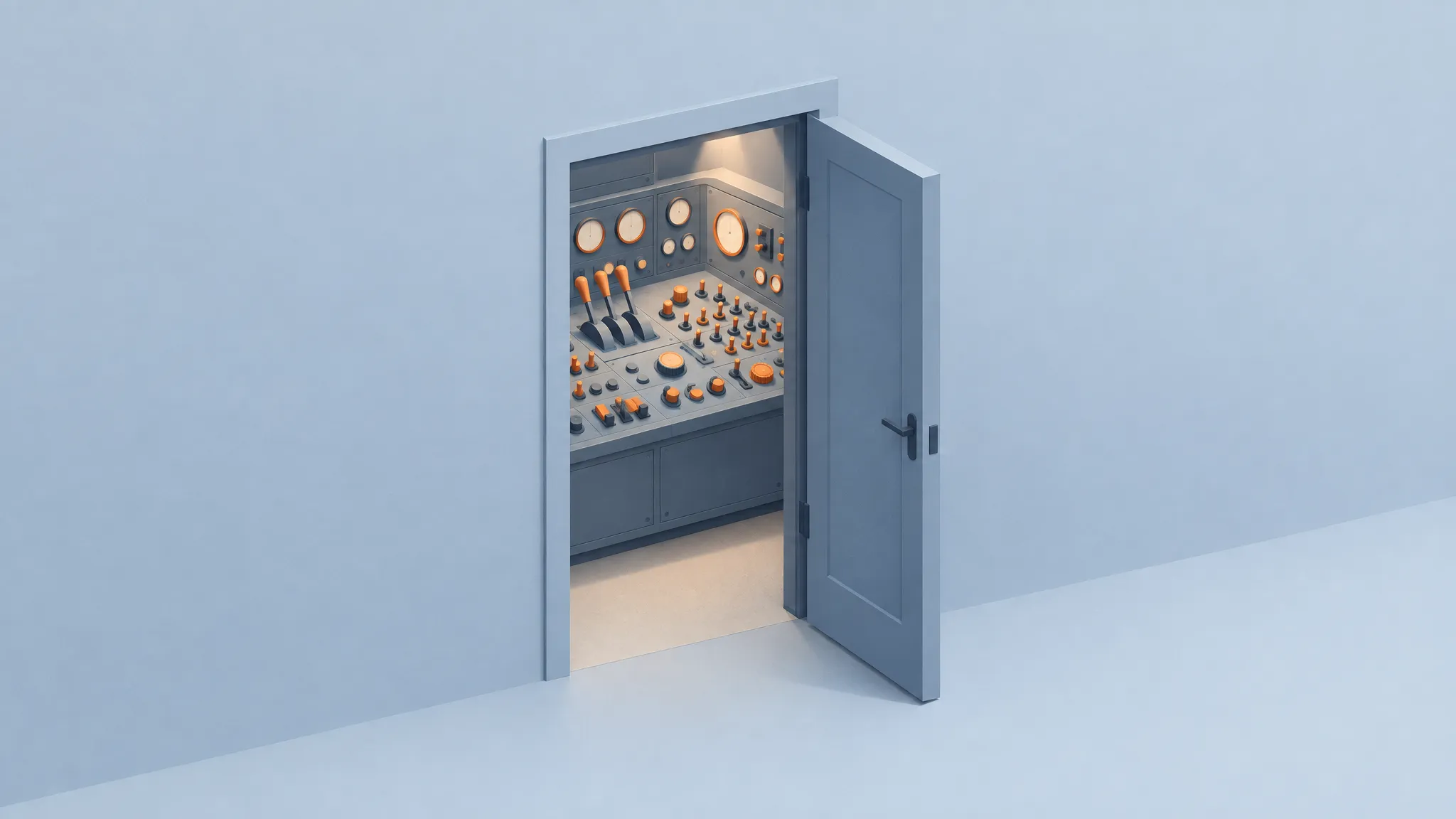 A storefront doorway opening onto a control panel of levers and switches
