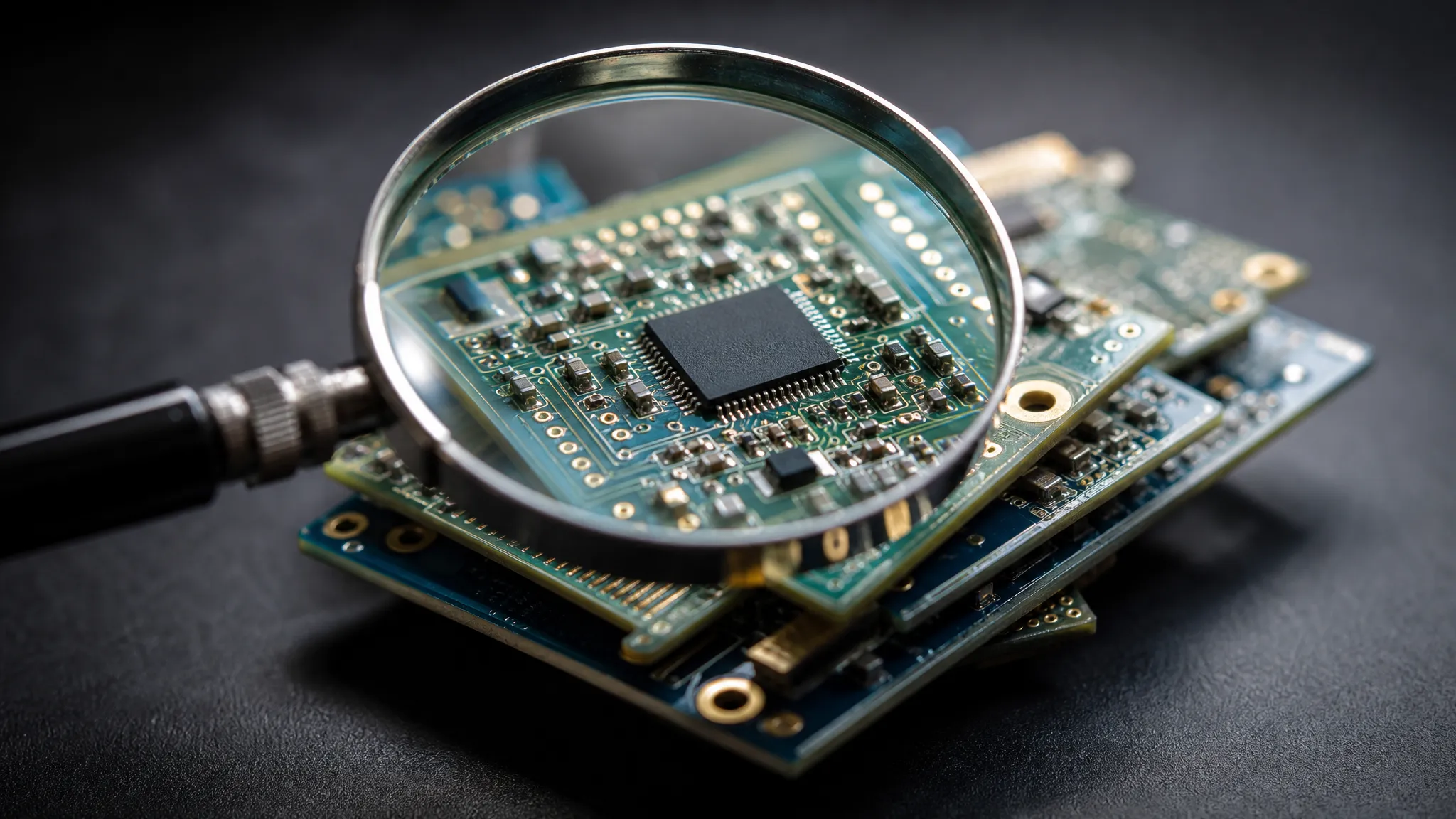 Magnifying glass inspecting a circuit board, representing a supply-chain security scan