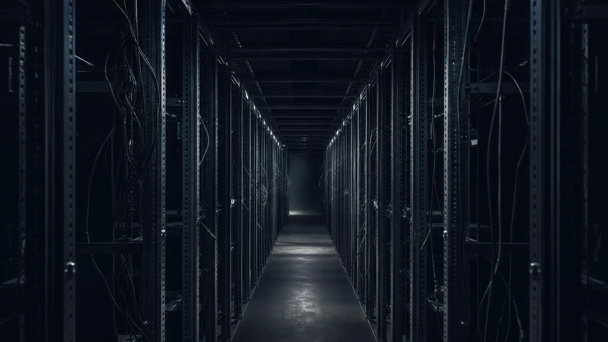 An empty server rack aisle in a darkened data center