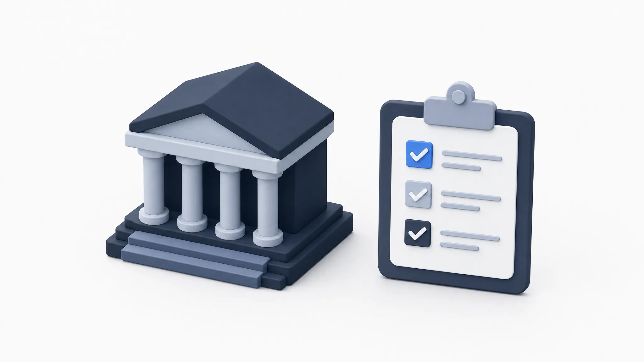 An abstract render of a government seal beside a checklist, representing new AI regulation