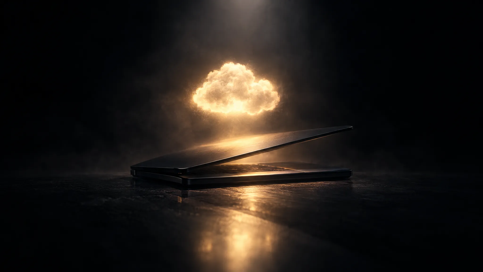 A laptop lid closing while a glowing task continues running in a cloud above it