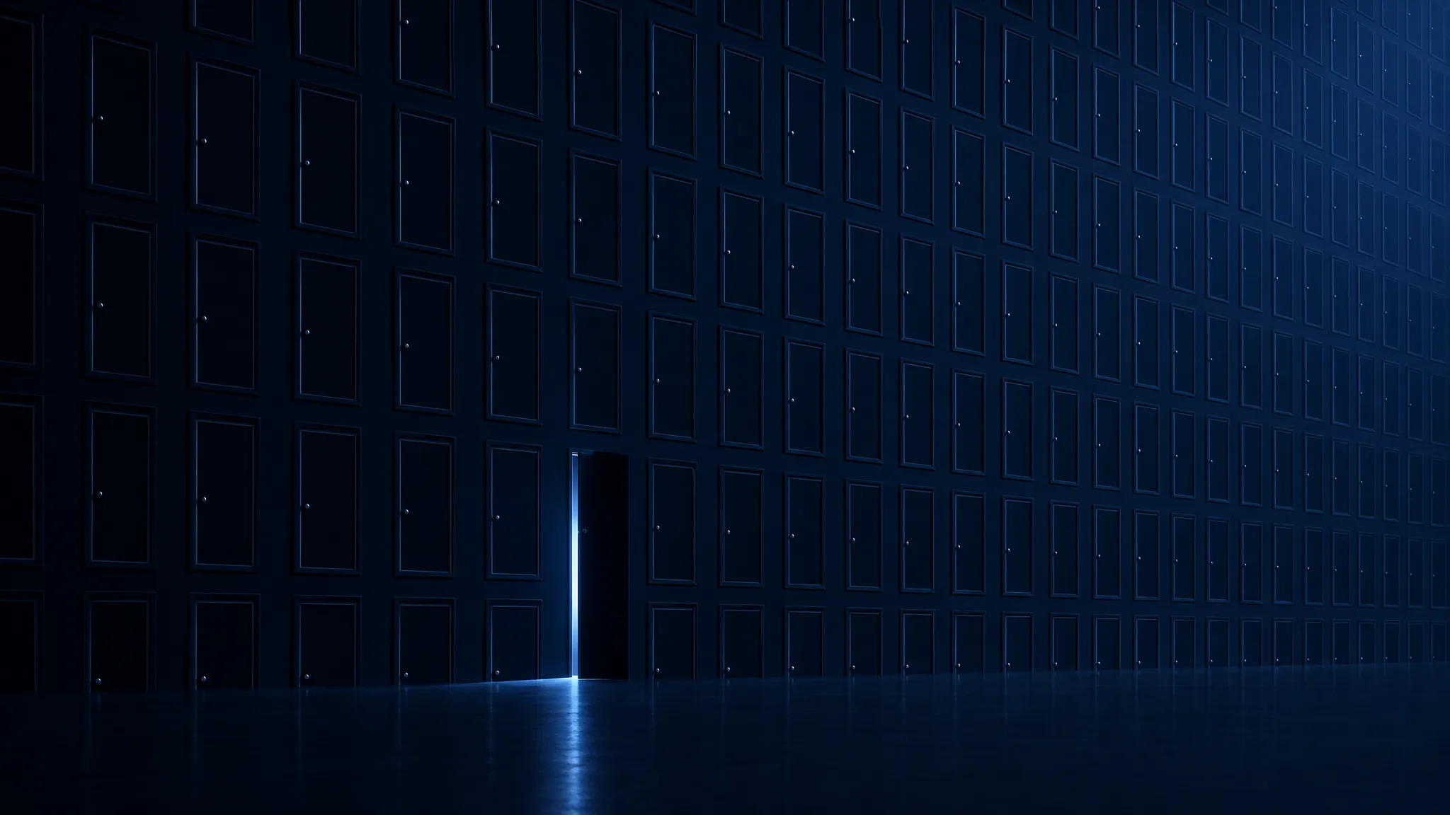 A sprawling storefront with thousands of identical small doors, one left slightly open