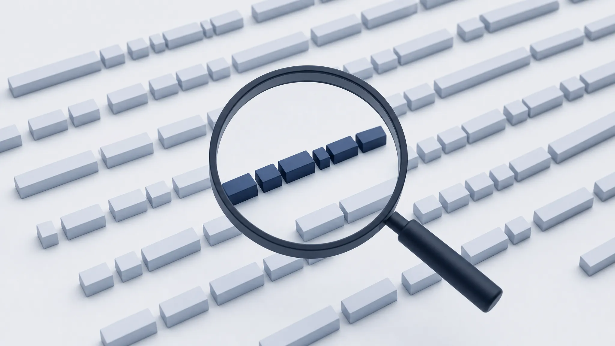 A magnifying glass moving methodically across rows of code, representing structured code review