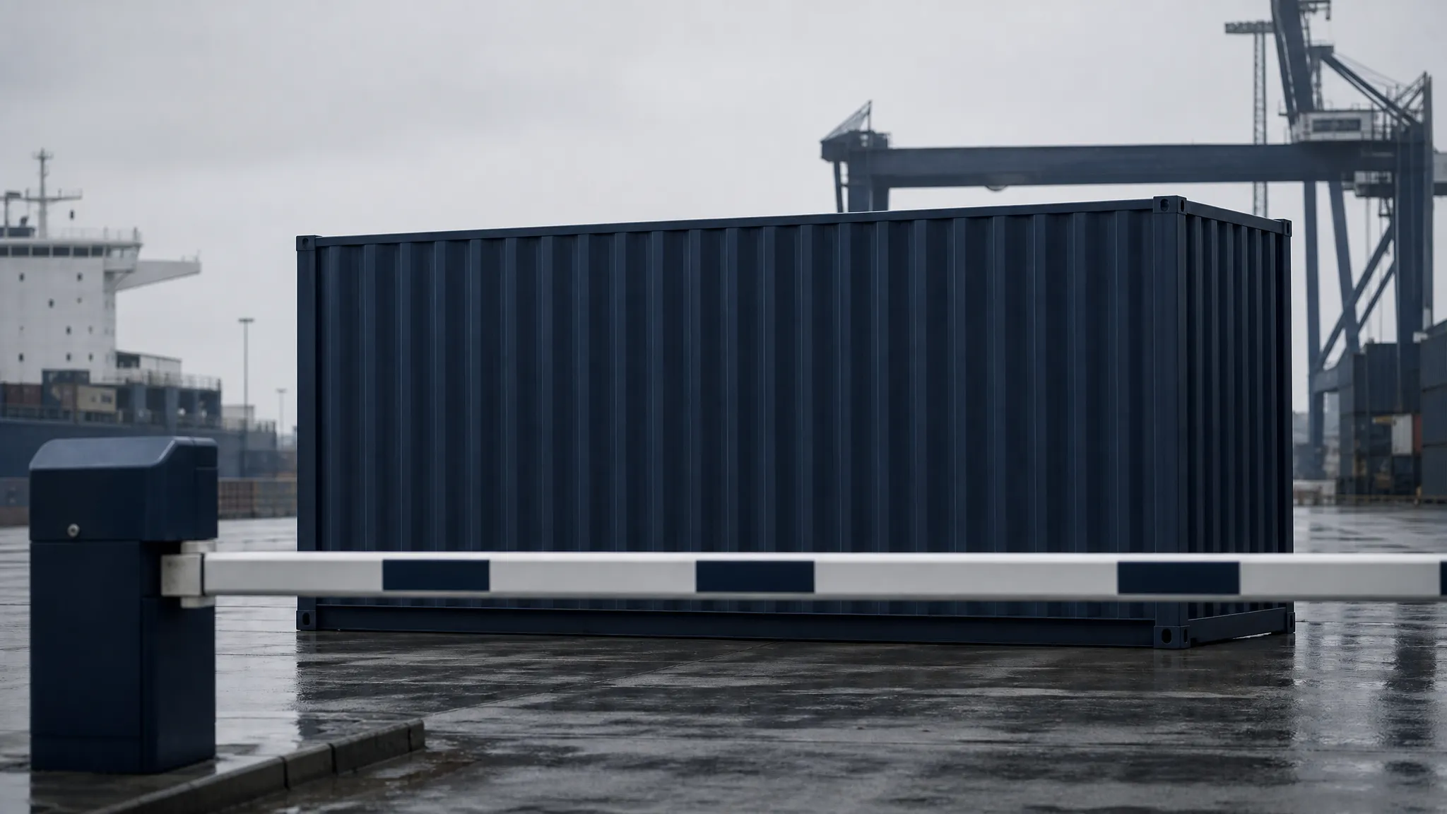 A shipping container behind a closed barrier, representing import restrictions