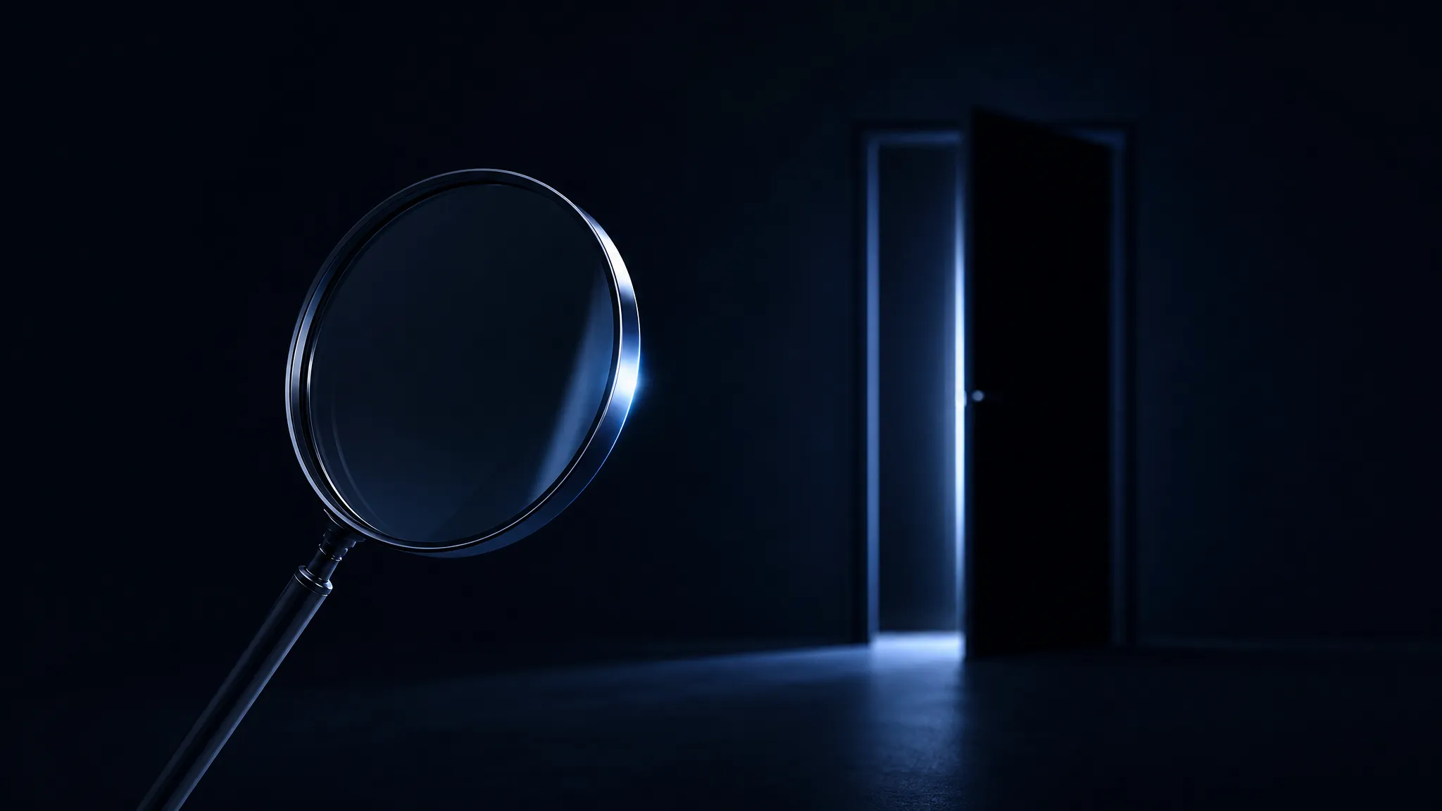A search icon quietly scanning past an open door into a dark room beyond