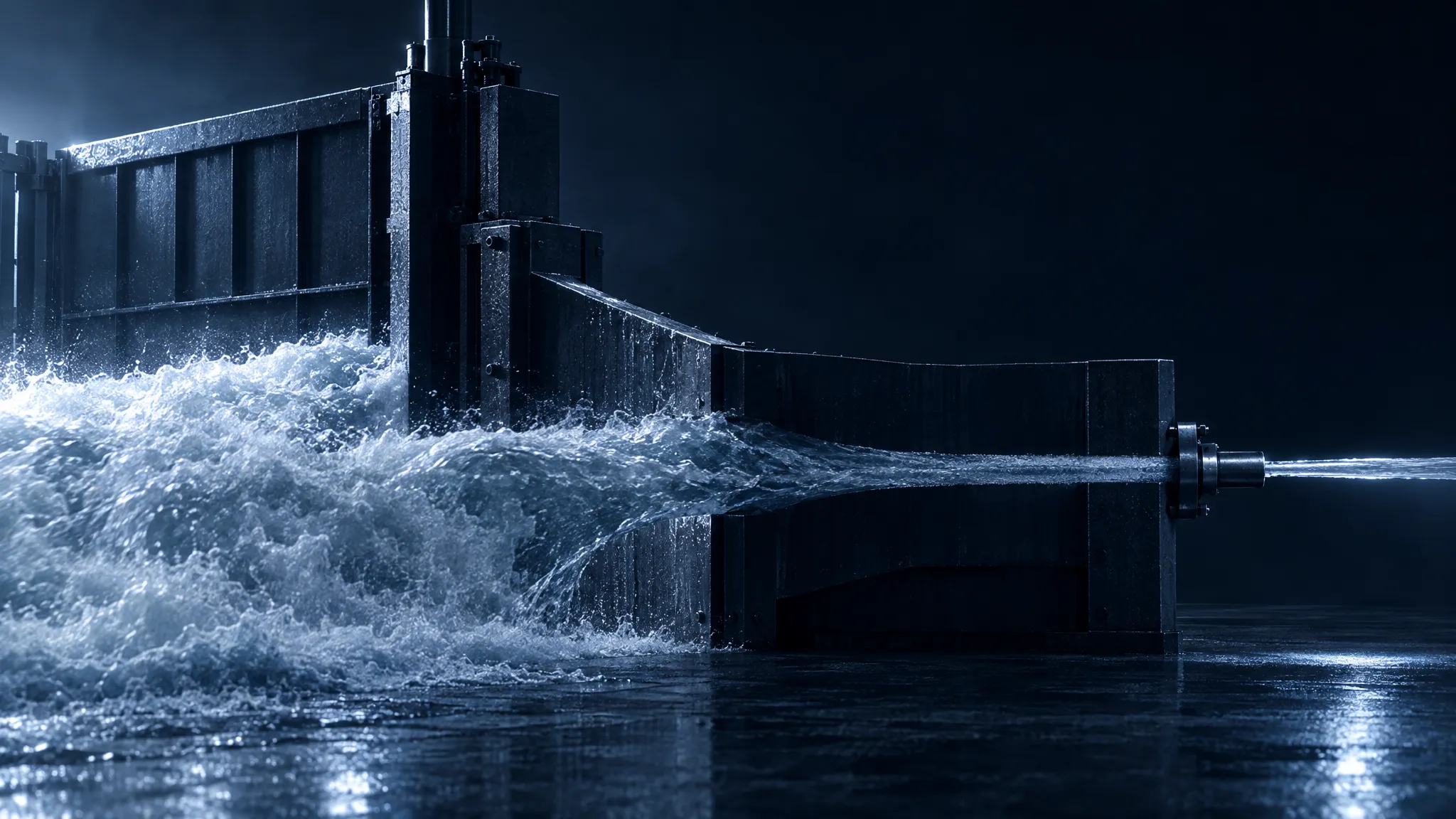 A wide open floodgate narrowing sharply into a thin controlled pipe