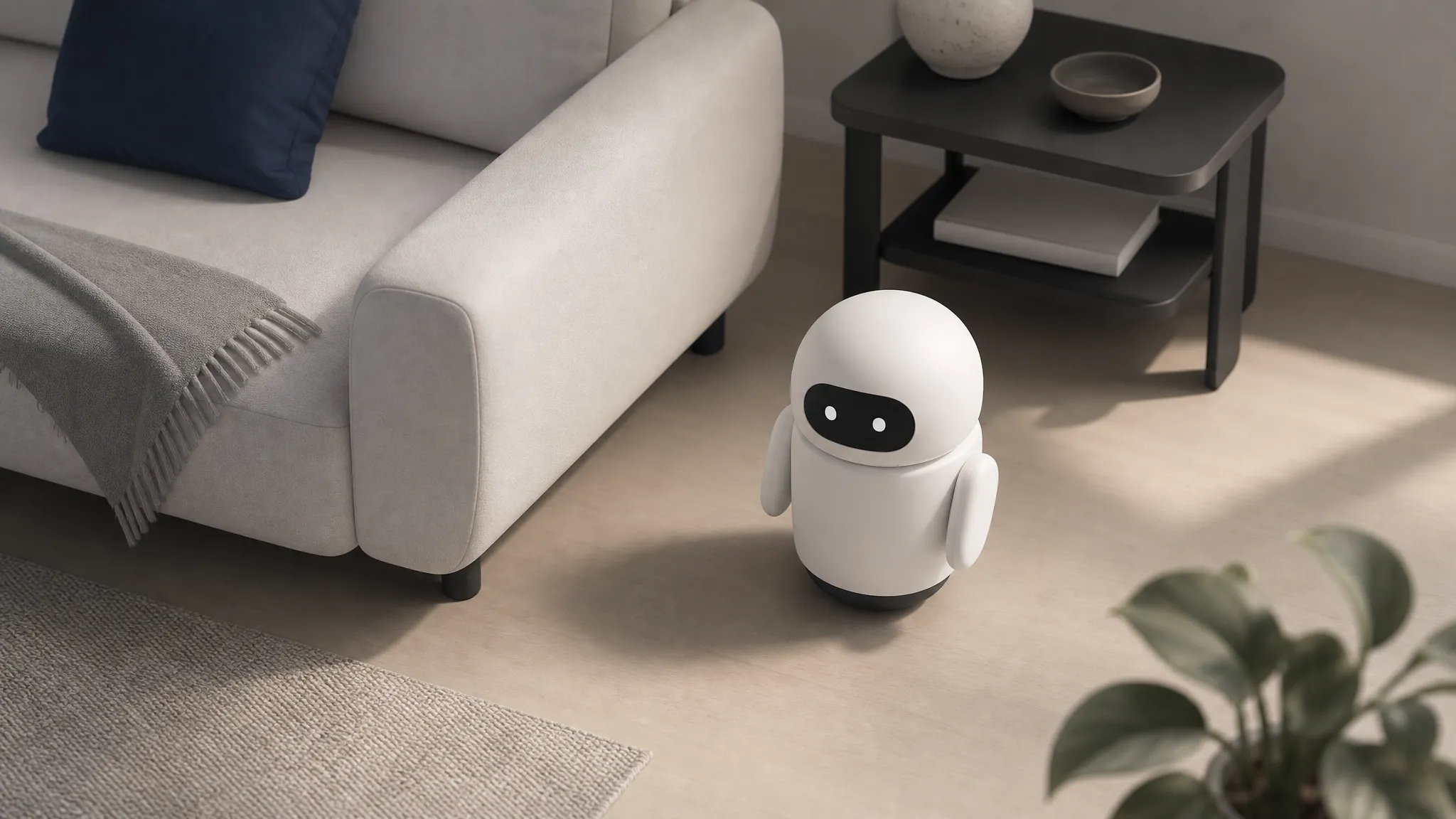 A small domestic robot on a living room floor beside furniture, showing its compact scale