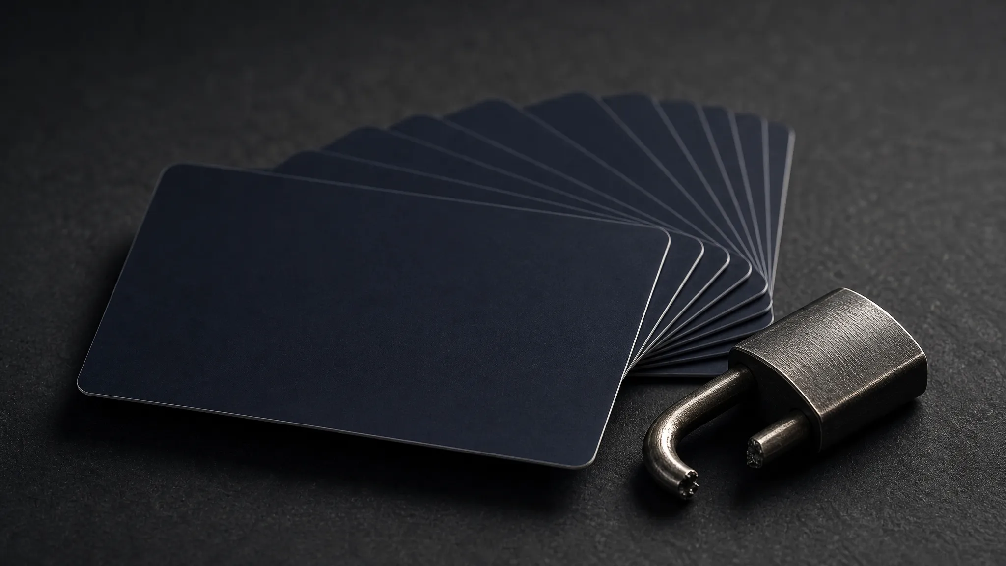 A stack of identification cards behind a broken lock, representing an identity verification data breach