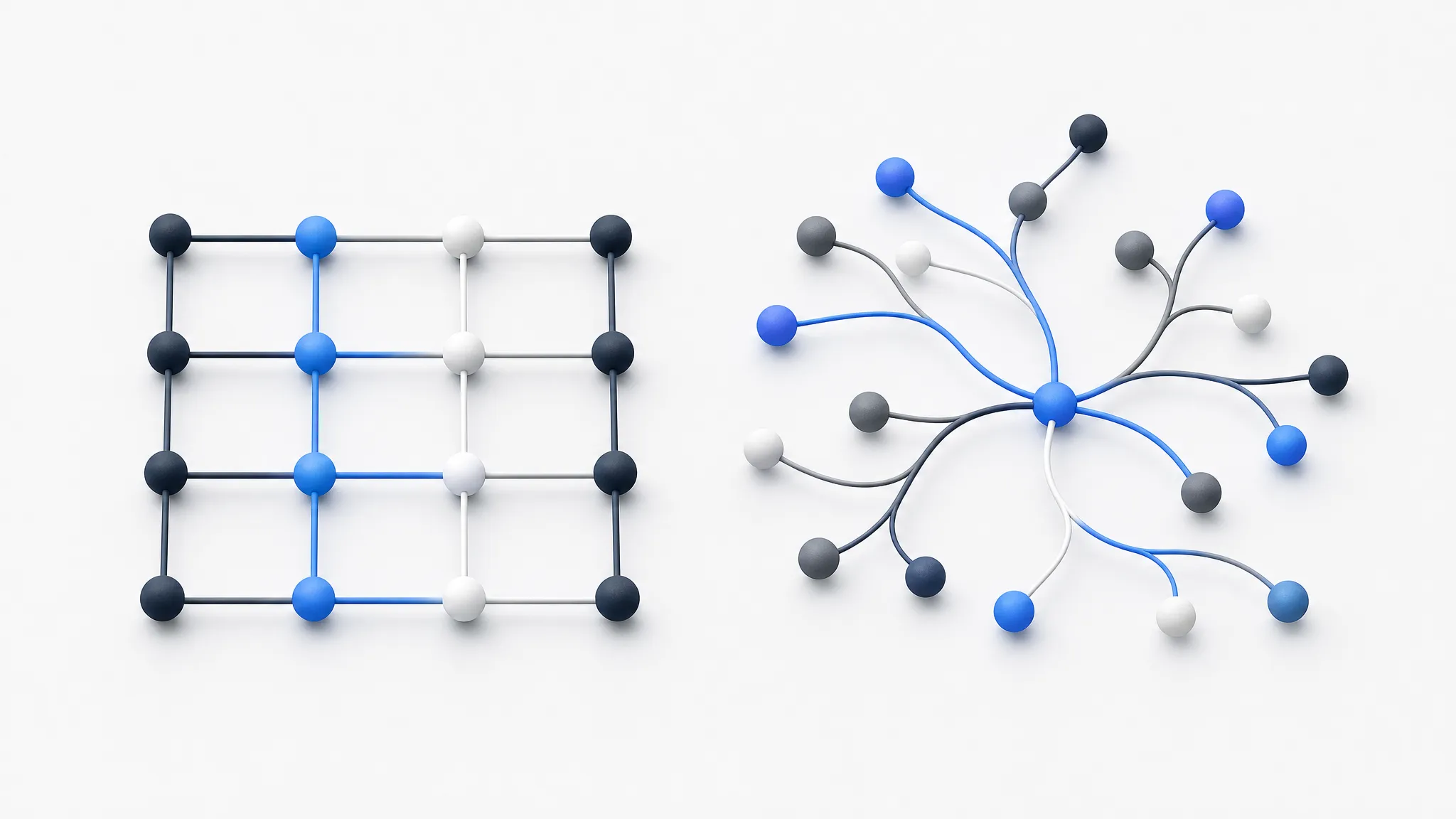 Two connected network diagrams side by side, representing two different integration approaches