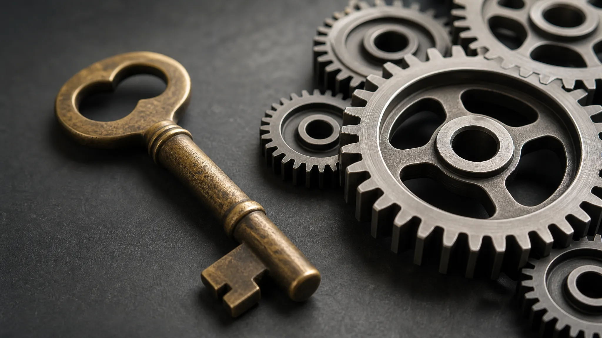 Brass key beside modern gears, representing established reliable infrastructure