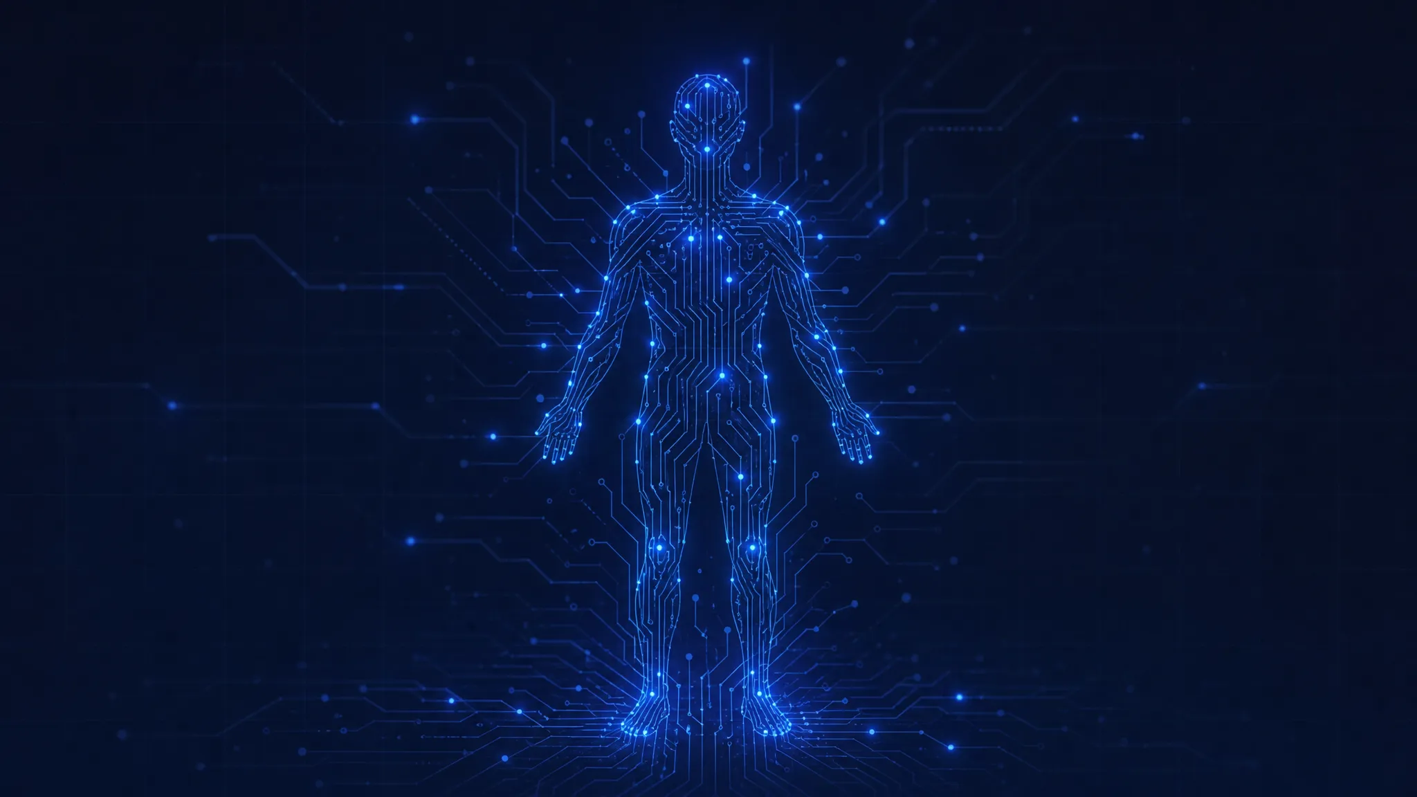 Abstract glowing blue circuit-board pattern forming an agent-like silhouette on a dark background