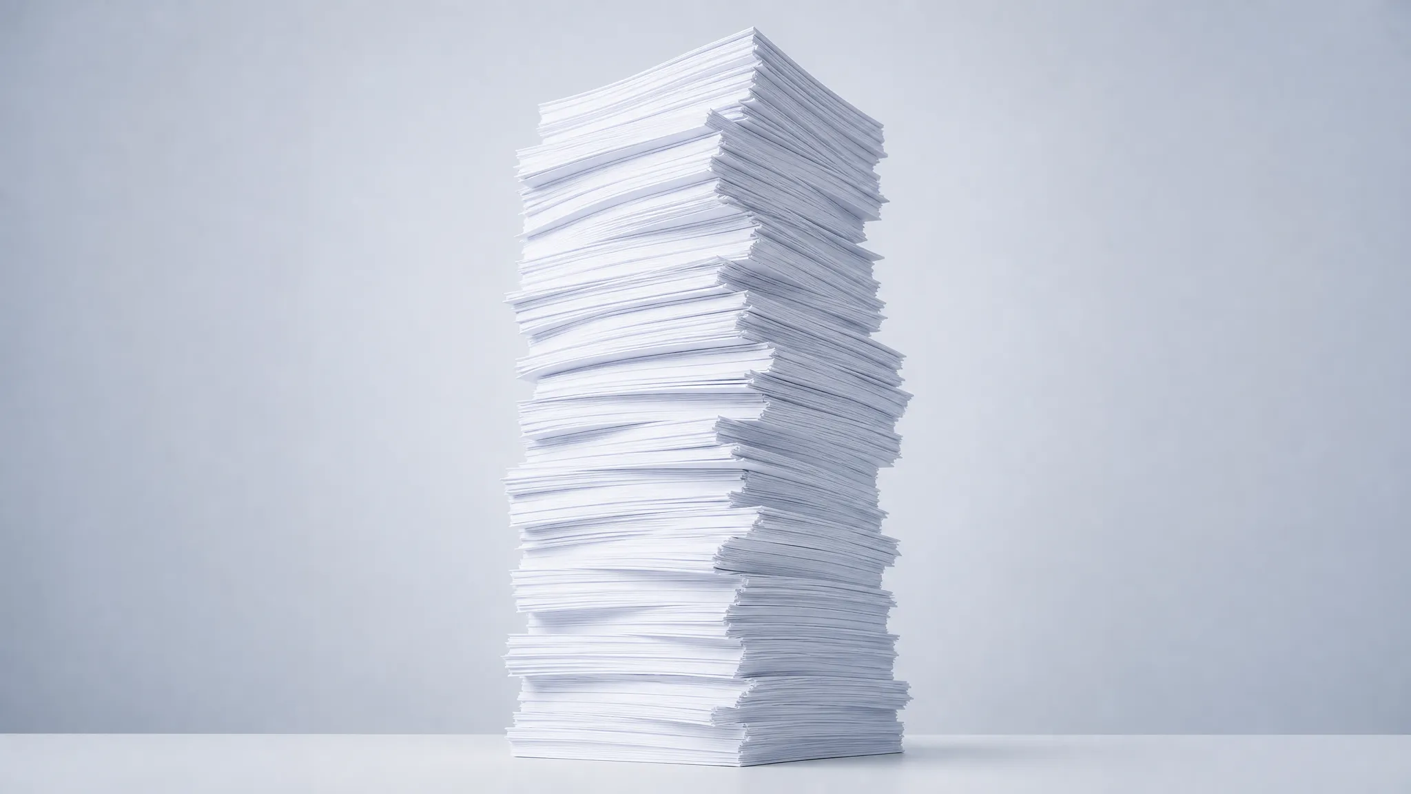 An overwhelming stack of paper documents piled high on a desk
