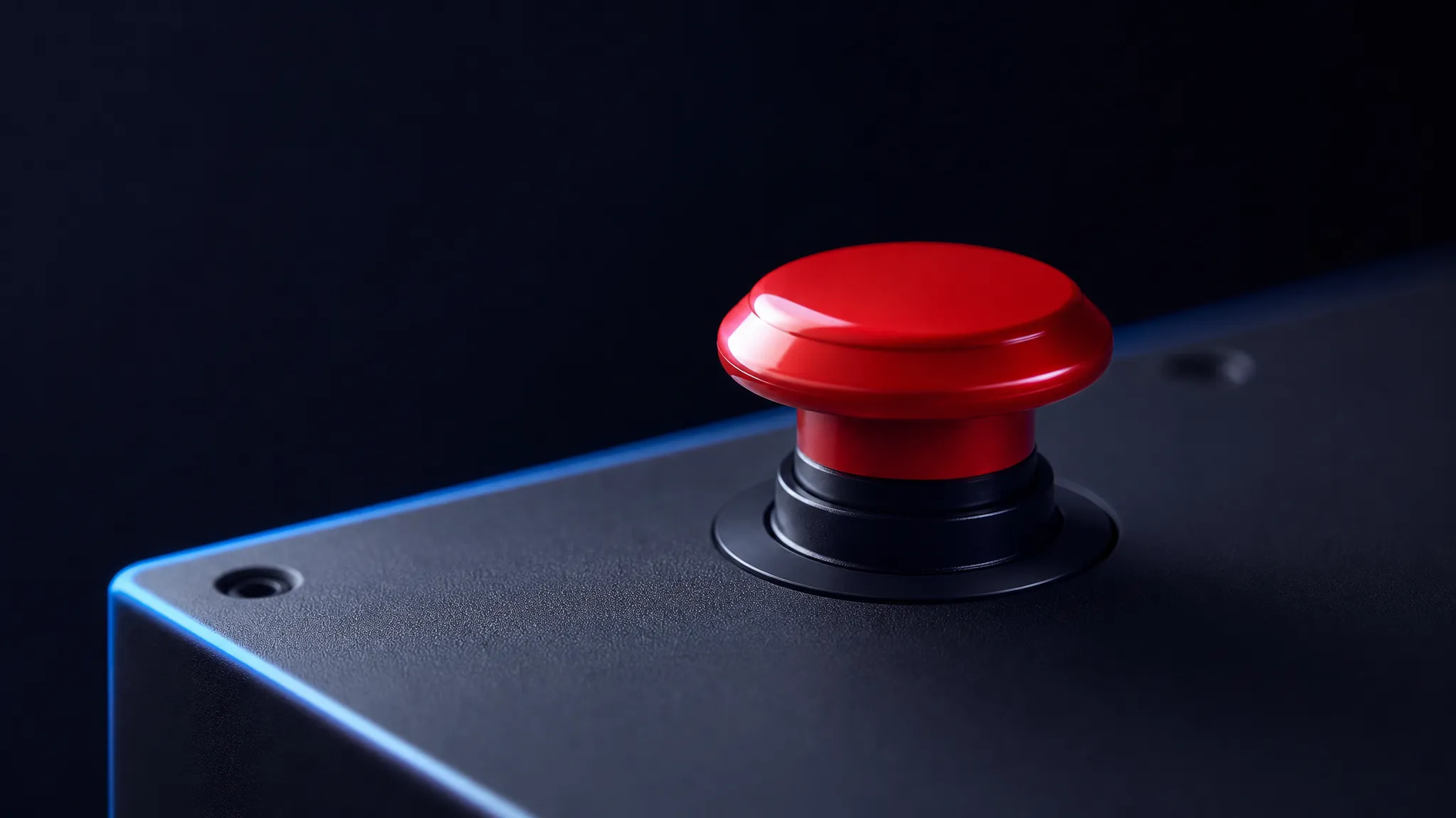 A large red emergency stop button mounted on a control panel, unpressed