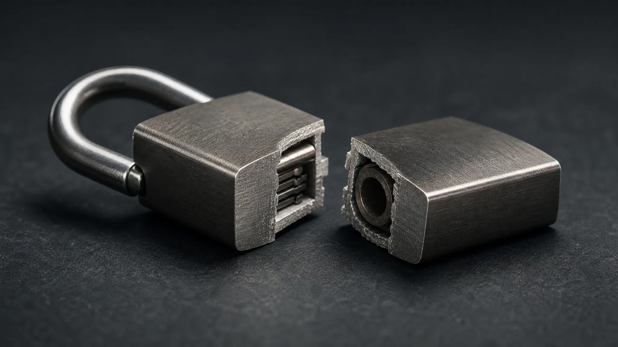 A cryptographic lock icon splitting apart, representing a broken verification check