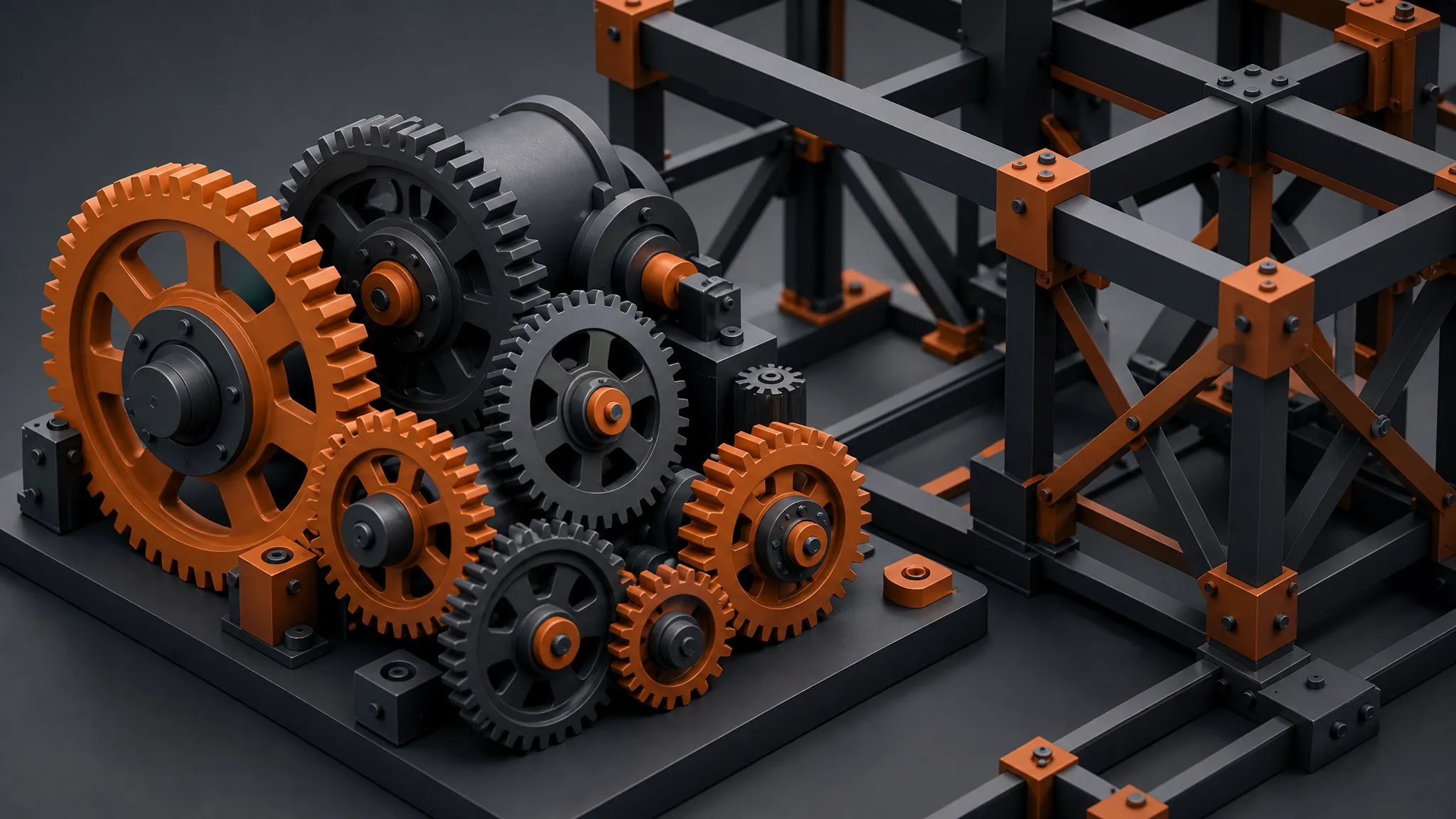 Abstract editorial render of interlocking gears representing systems-level infrastructure