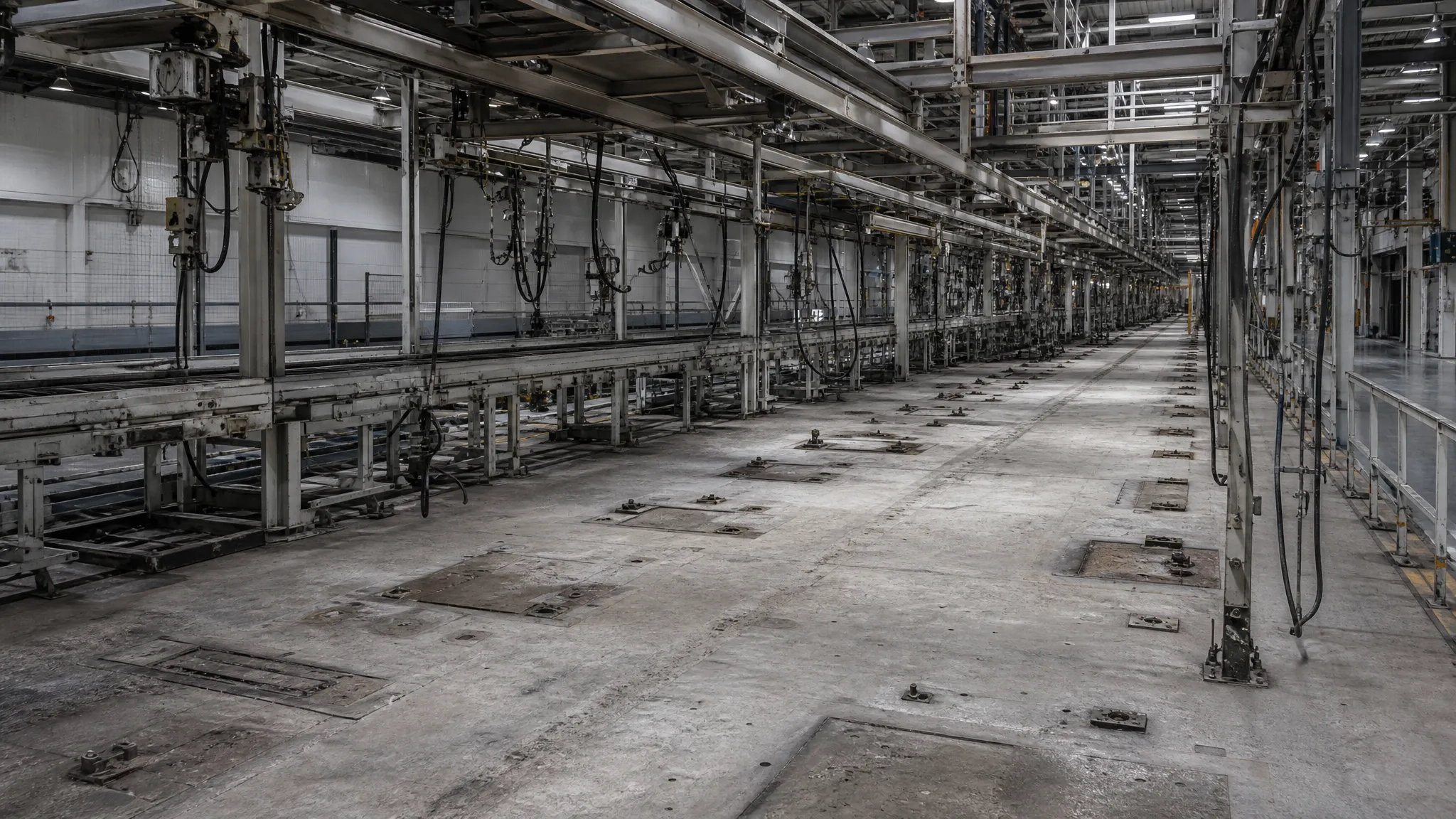 An empty industrial assembly line being refitted with new equipment