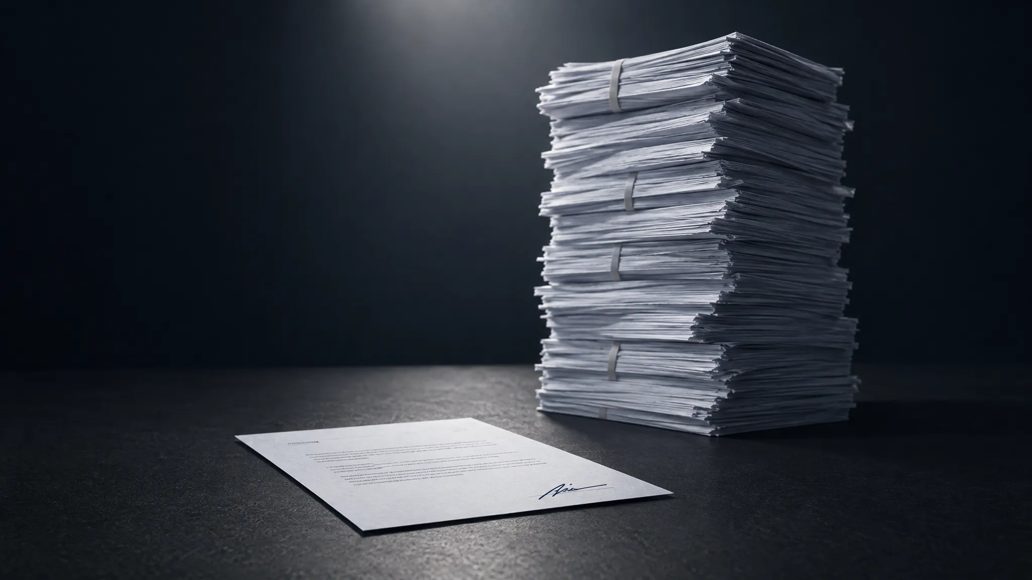 A single handshake over a one-page document, with a much larger stack of unsigned legislation beside it